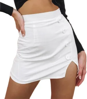 Women's Button Front High Waist Jean Skirt Solid Split Hem Bodycon Work Office Mini Denim Skirts Summer