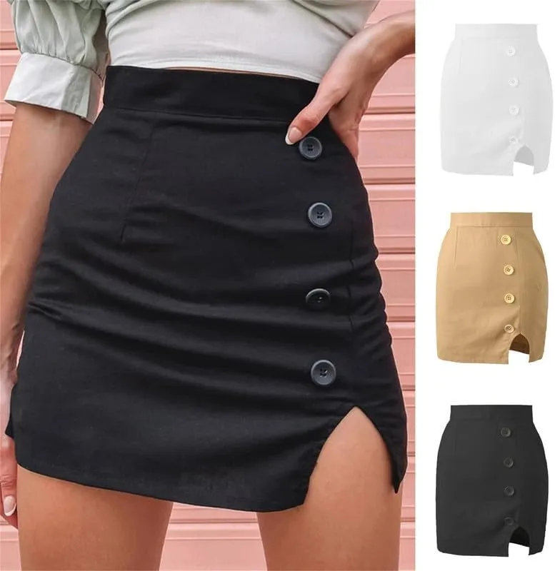 Women's Button Front High Waist Jean Skirt Solid Split Hem Bodycon Work Office Mini Denim Skirts Summer