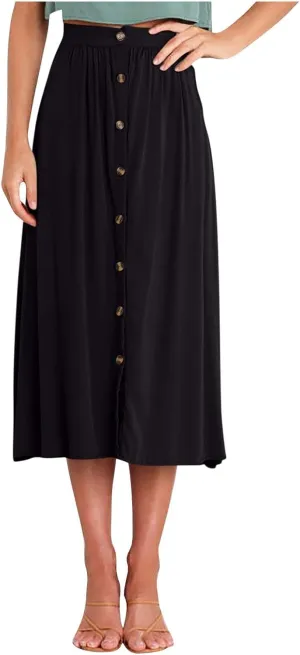 Womens Button Front Midi Skirts Elastic High Waisted Long Skirt for Casual or Formal Occasions Trendy Teacher Outfits