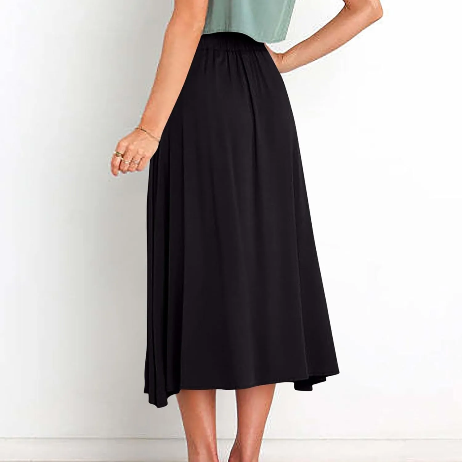 Womens Button Front Midi Skirts Elastic High Waisted Long Skirt for Casual or Formal Occasions Trendy Teacher Outfits