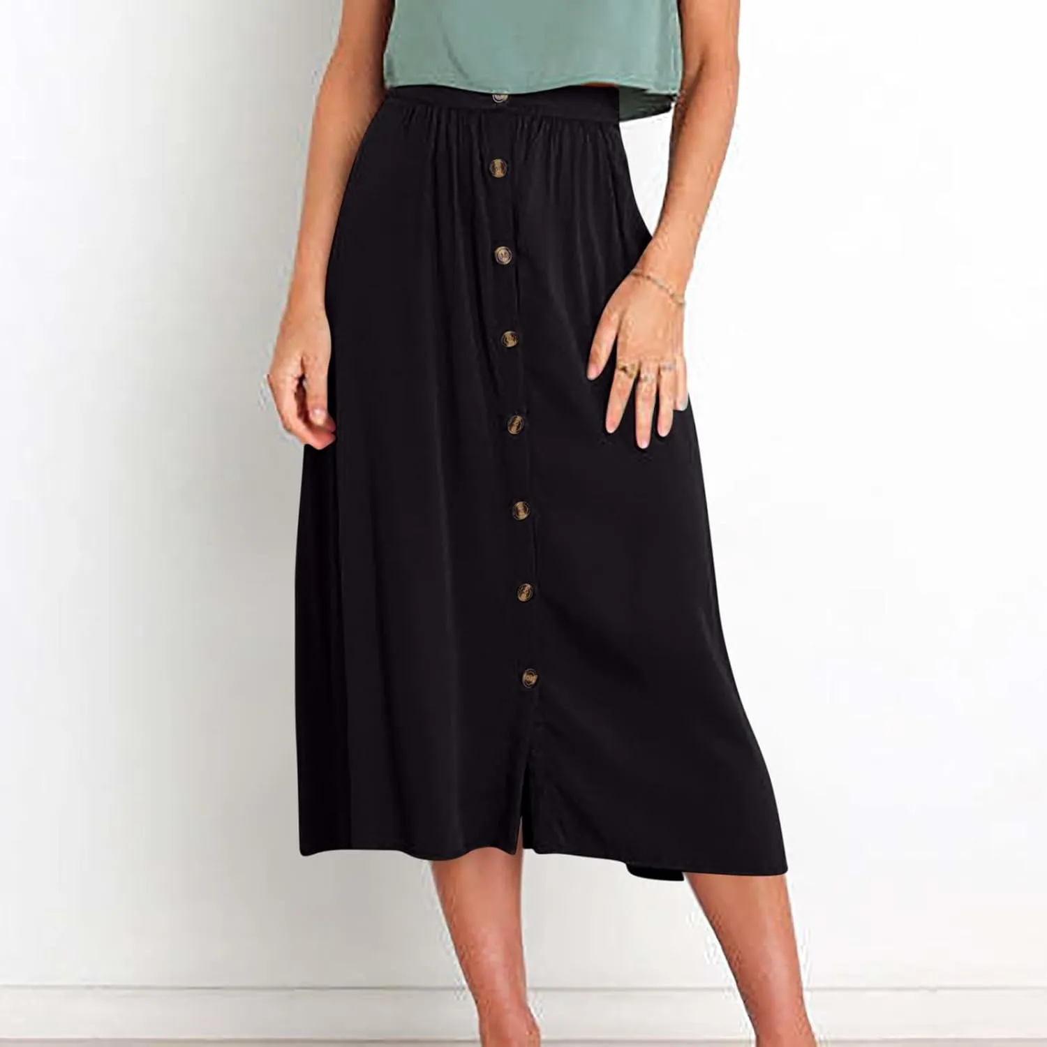 Womens Button Front Midi Skirts Elastic High Waisted Long Skirt for Casual or Formal Occasions Trendy Teacher Outfits