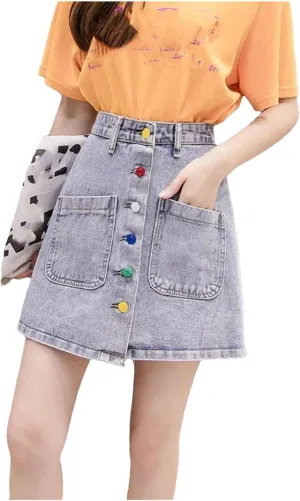 Women's Button Front Placket Jeans Skirts Summer Streetwear Denim Skirt with Pocket