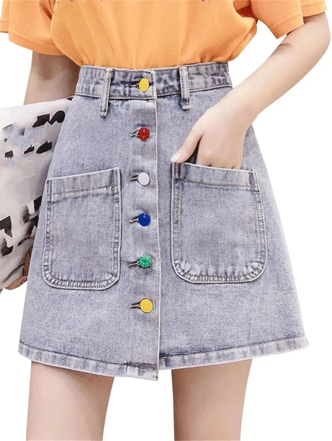 Women's Button Front Placket Jeans Skirts Summer Streetwear Denim Skirt with Pocket