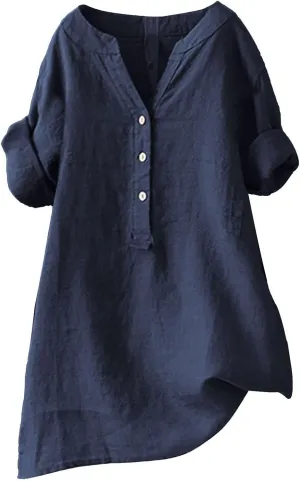 Womens Buttons Shirt Linen Roll-Up Sleeve V-Neck Beach Shirt Casual Loose Fit Plain Solid Blouses Tops