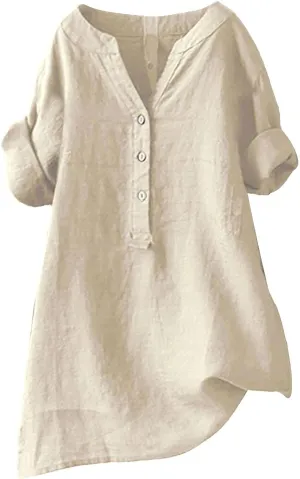 Womens Buttons Shirt Linen Roll-Up Sleeve V-Neck Beach Shirt Casual Loose Fit Plain Solid Blouses Tops