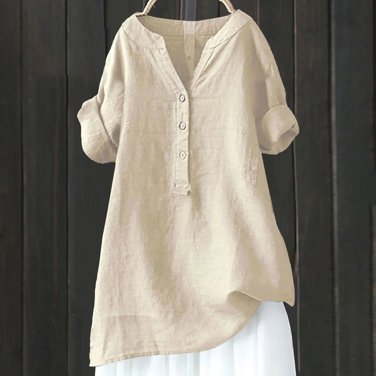 Womens Buttons Shirt Linen Roll-Up Sleeve V-Neck Beach Shirt Casual Loose Fit Plain Solid Blouses Tops