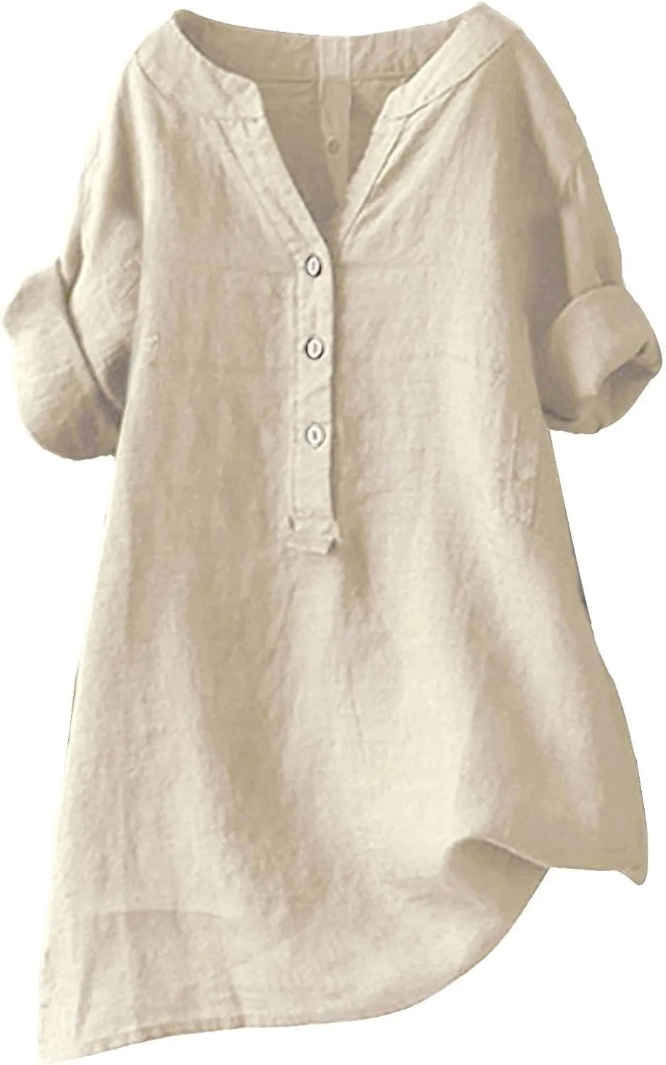 Womens Buttons Shirt Linen Roll-Up Sleeve V-Neck Beach Shirt Casual Loose Fit Plain Solid Blouses Tops