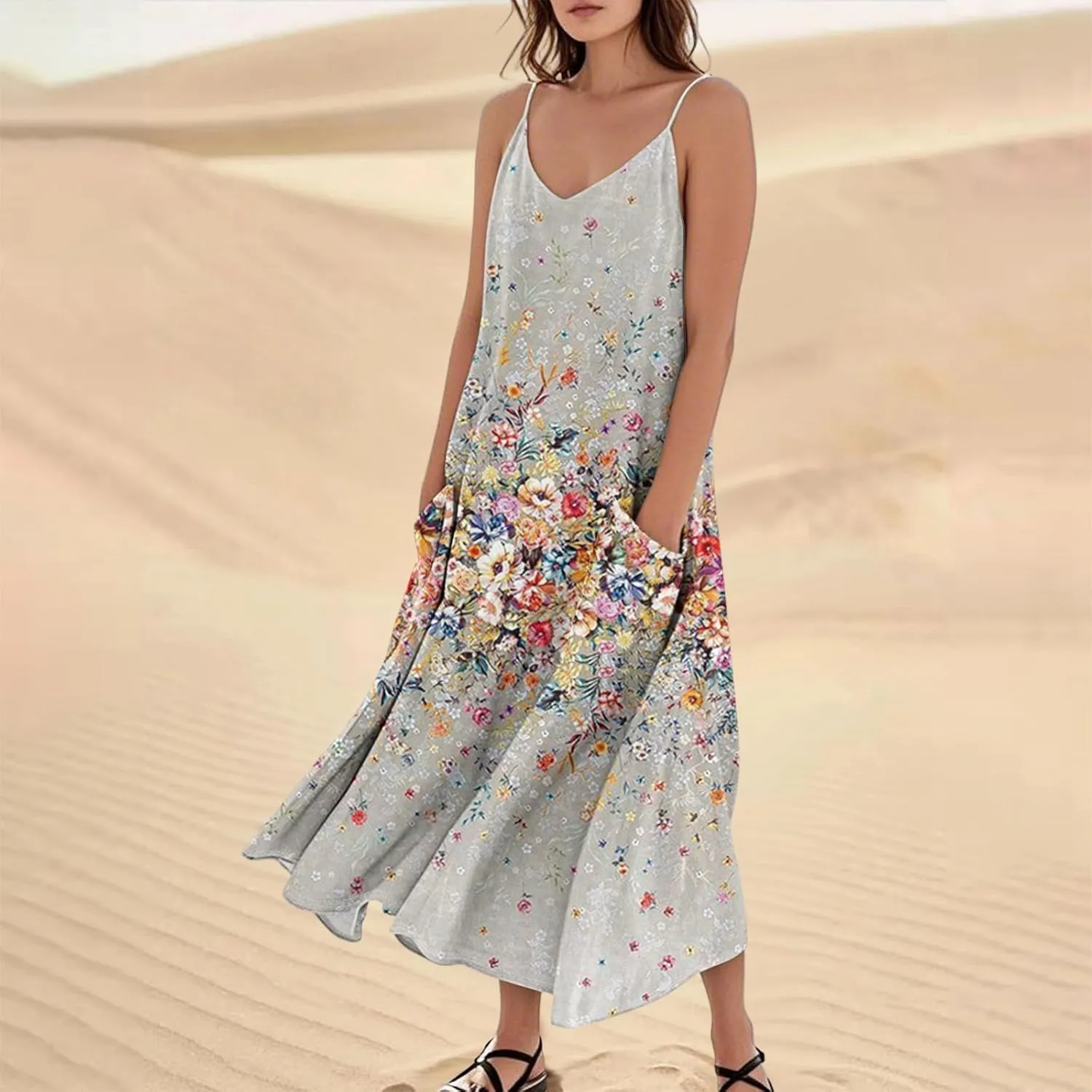 Women's Casual Dresses Adult Floral Printed Loose Sleeveless with Pockets Spaghetti Strap Dresses