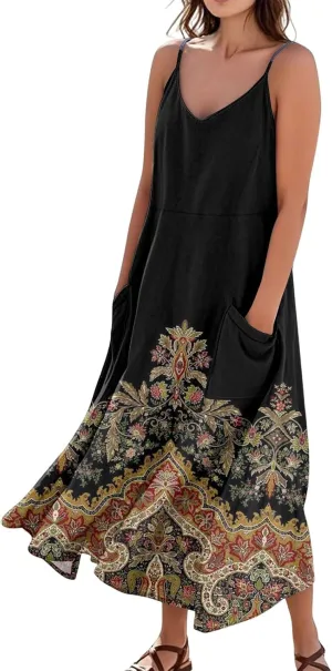 Women's Casual Dresses Adult Floral Printed Loose Sleeveless with Pockets Spaghetti Strap Dresses