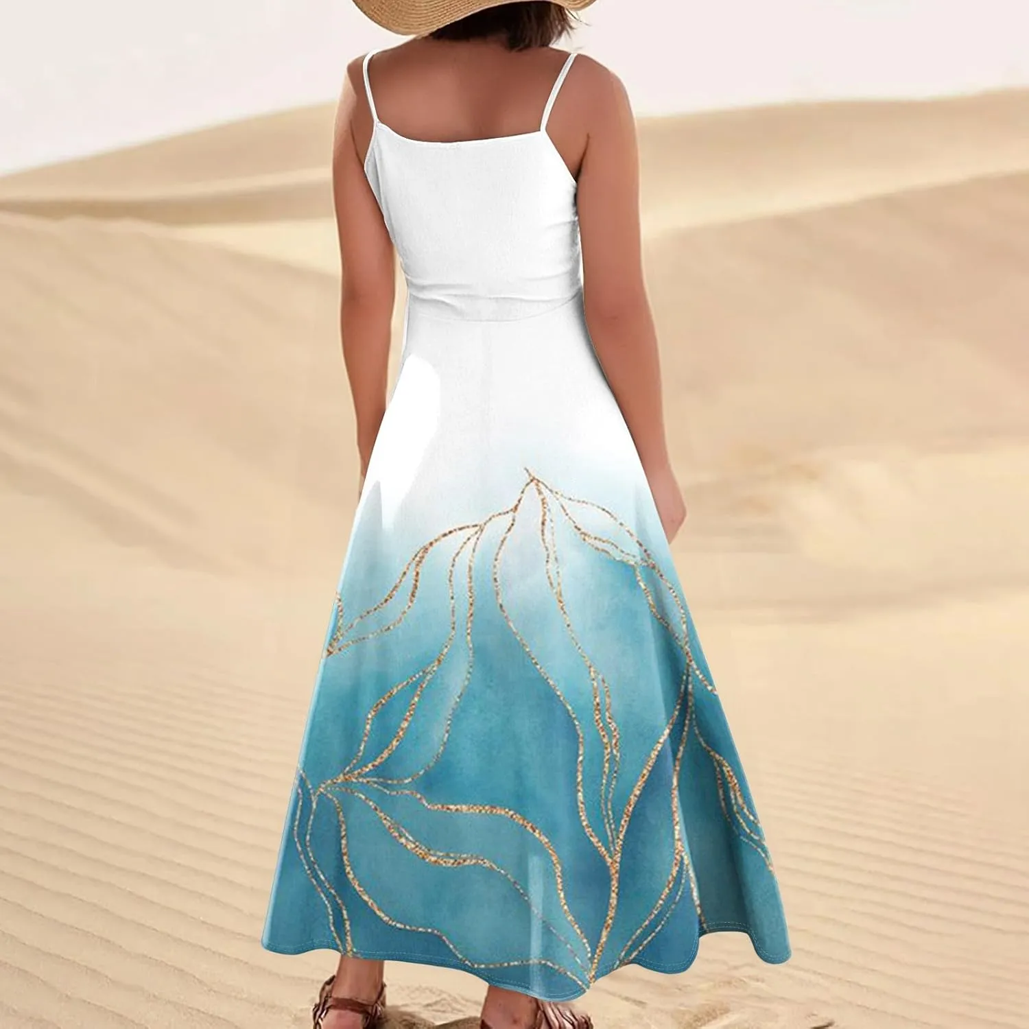 Women's Casual Dresses Adult Floral Printed Loose Sleeveless with Pockets Spaghetti Strap Dresses