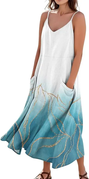 Women's Casual Dresses Adult Floral Printed Loose Sleeveless with Pockets Spaghetti Strap Dresses
