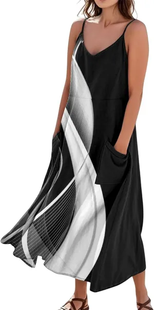 Women's Casual Dresses Adult Floral Printed Loose Sleeveless with Pockets Spaghetti Strap Dresses