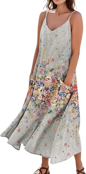 Women's Casual Dresses Adult Floral Printed Loose Sleeveless with Pockets Spaghetti Strap Dresses