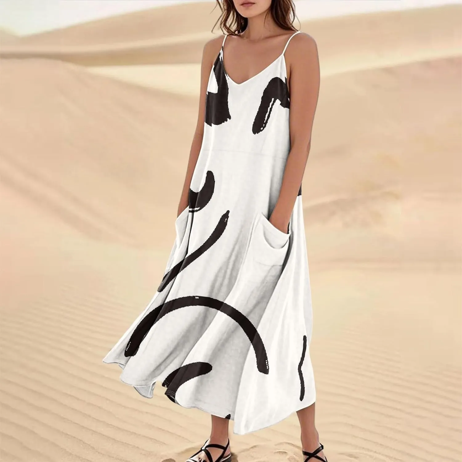 Women's Casual Dresses Adult Floral Printed Loose Sleeveless with Pockets Spaghetti Strap Dresses