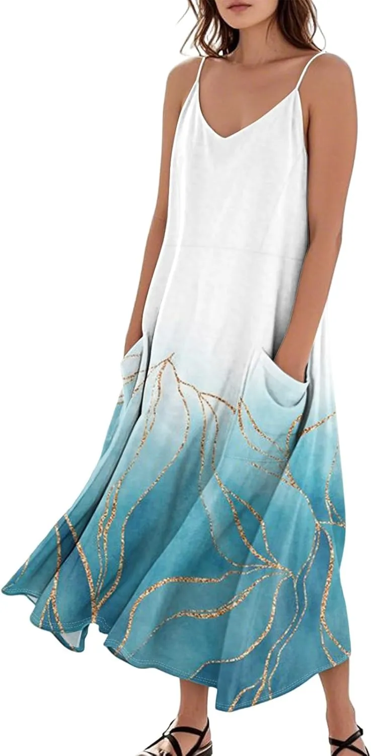 Women's Casual Dresses Adult Floral Printed Loose Sleeveless with Pockets Spaghetti Strap Dresses