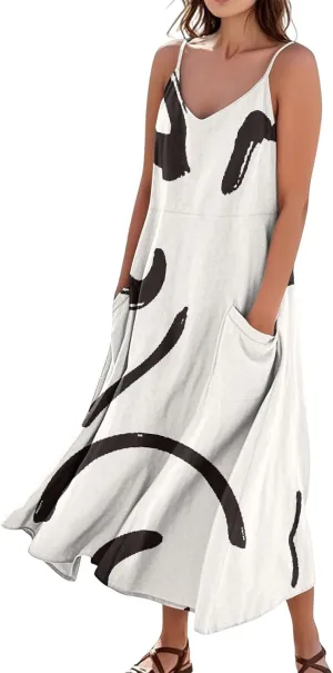 Women's Casual Dresses Adult Floral Printed Loose Sleeveless with Pockets Spaghetti Strap Dresses