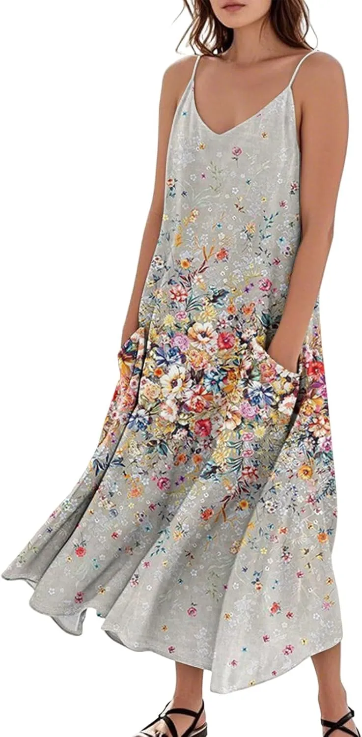 Women's Casual Dresses Adult Floral Printed Loose Sleeveless with Pockets Spaghetti Strap Dresses