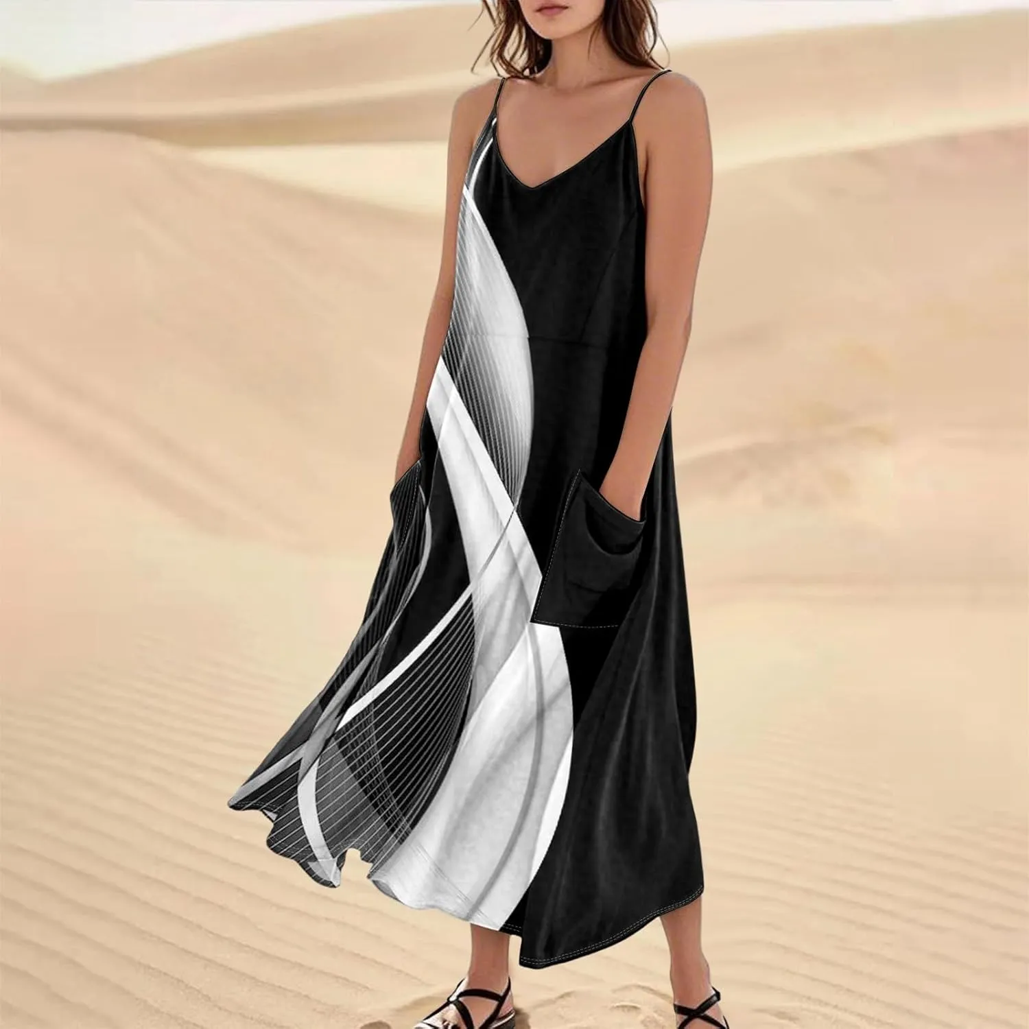 Women's Casual Dresses Adult Floral Printed Loose Sleeveless with Pockets Spaghetti Strap Dresses