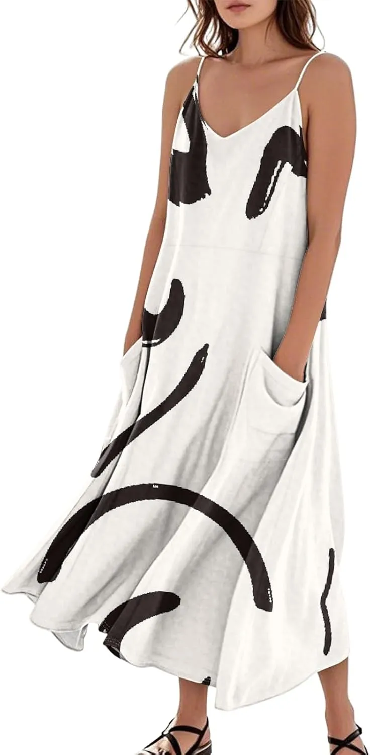 Women's Casual Dresses Adult Floral Printed Loose Sleeveless with Pockets Spaghetti Strap Dresses