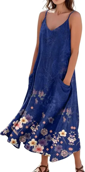 Women's Casual Dresses Adult Floral Printed Loose Sleeveless with Pockets Spaghetti Strap Dresses