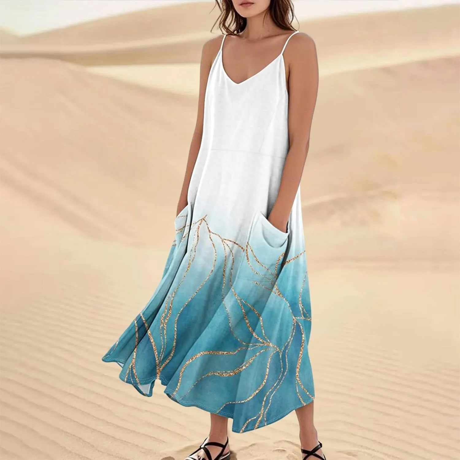 Women's Casual Dresses Adult Floral Printed Loose Sleeveless with Pockets Spaghetti Strap Dresses