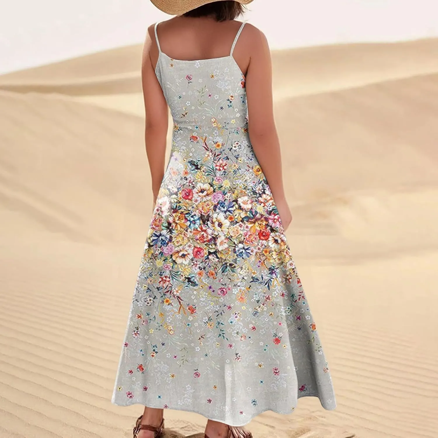 Women's Casual Dresses Adult Floral Printed Loose Sleeveless with Pockets Spaghetti Strap Dresses