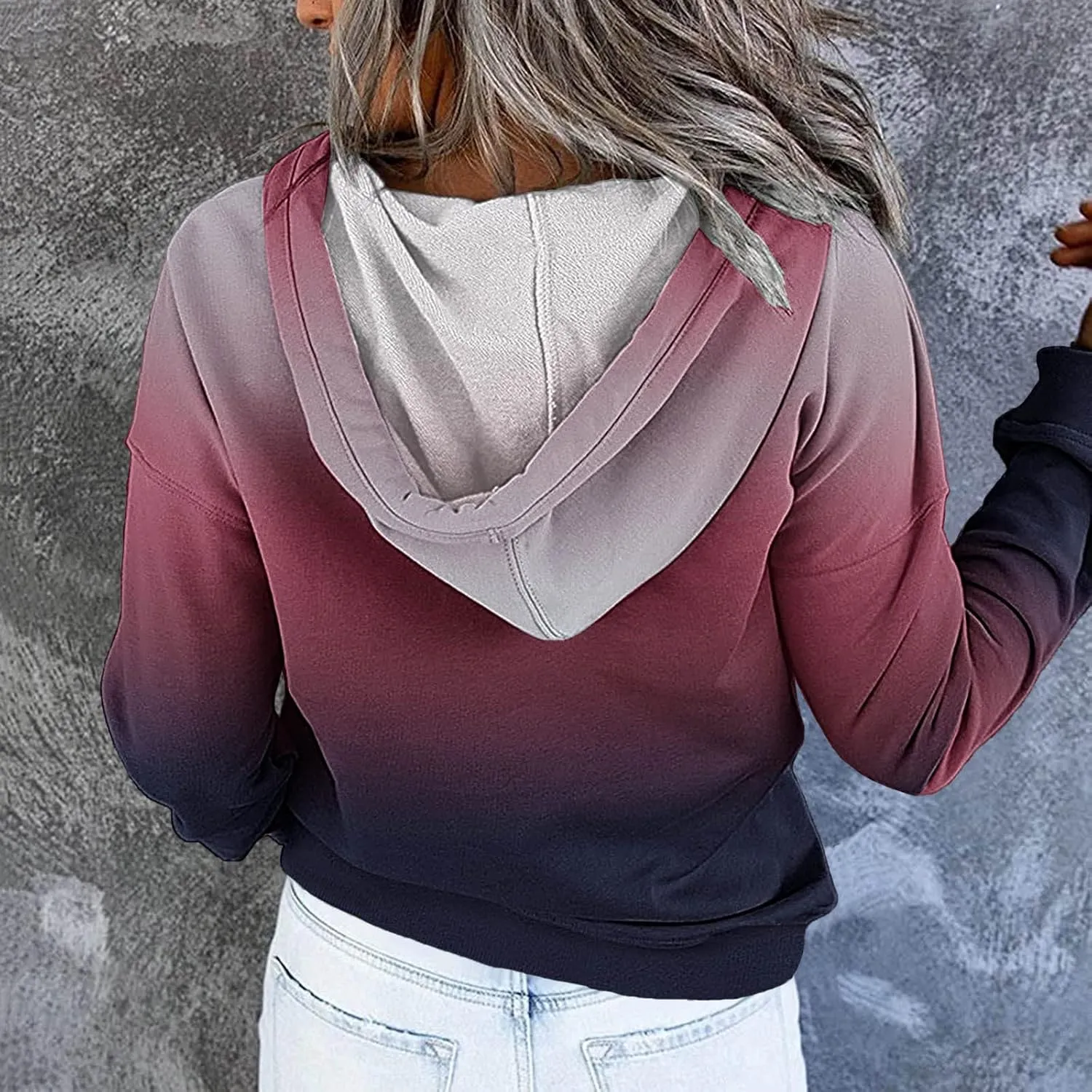 Womens Casual Hoodies Pullover Tops Drawstring Long Sleeve Color Block Hooded Sweatshirts Fall Clothes with Pocket