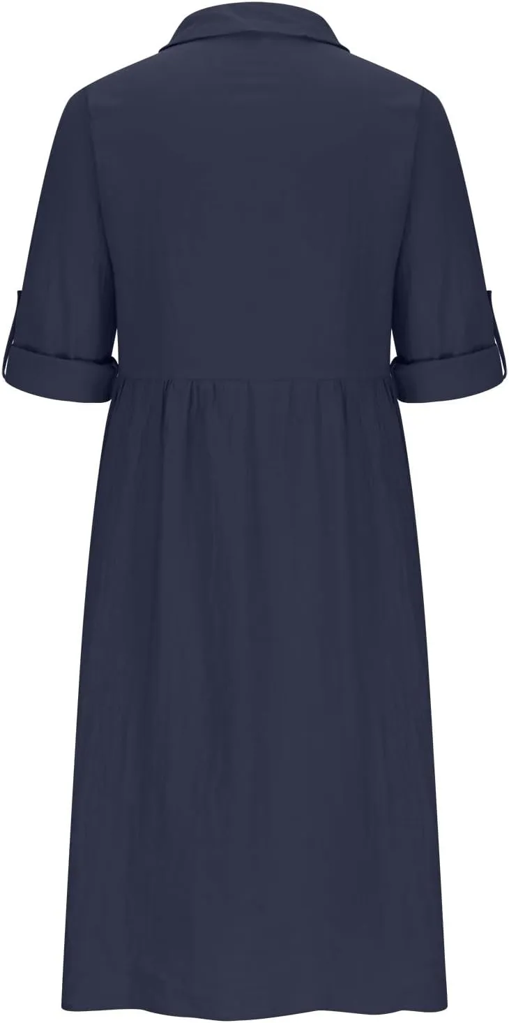Women's Casual Lapel V Neck Boho Dress Long Sleeve High Waist Solid Color Smocked Flowy Ruffle Midi Dresses