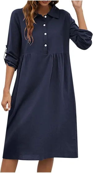 Women's Casual Lapel V Neck Boho Dress Long Sleeve High Waist Solid Color Smocked Flowy Ruffle Midi Dresses