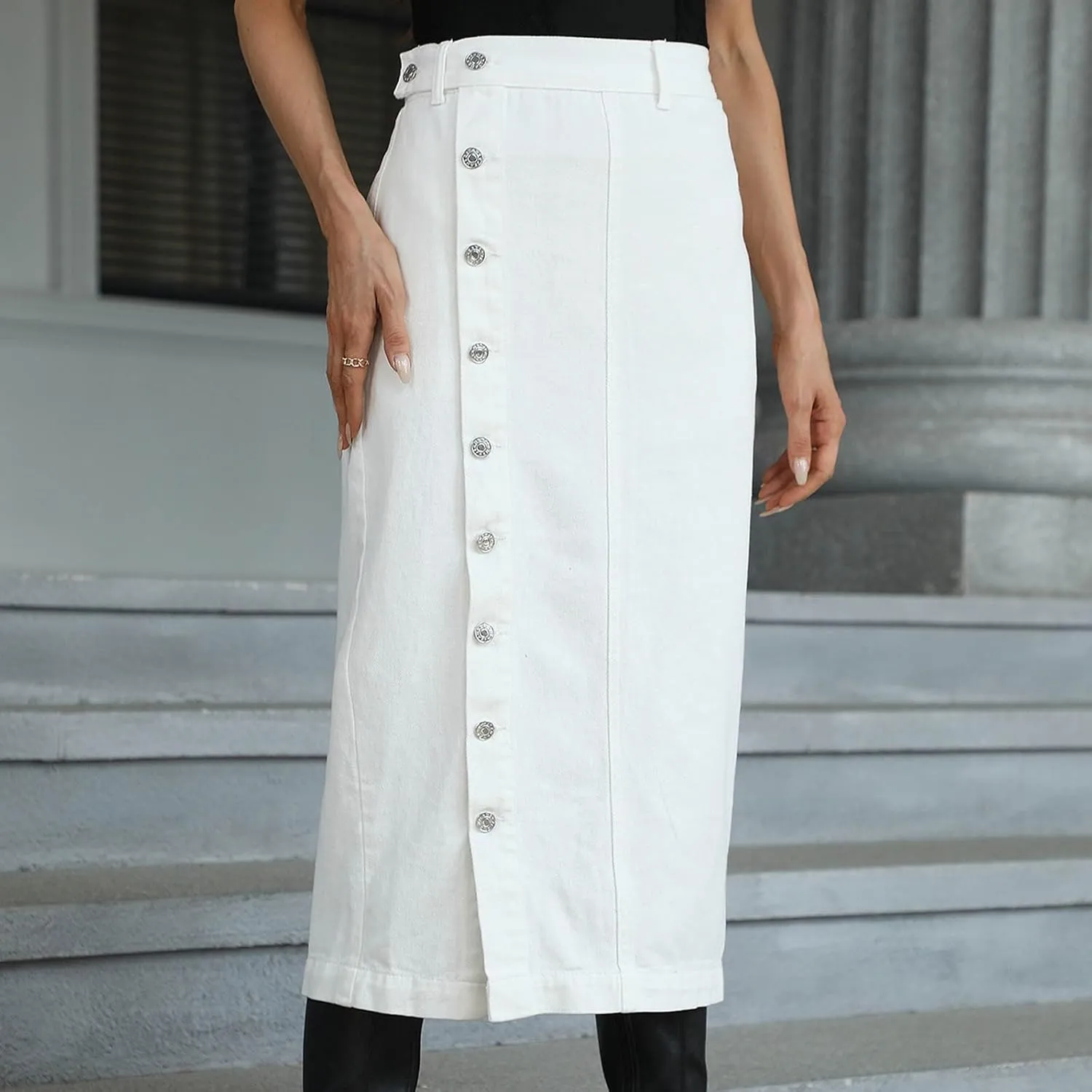 Women's Casual Slit Midi Denim Skirt High Waisted Button Front Split Slim Fit Pencil Jean Skirts