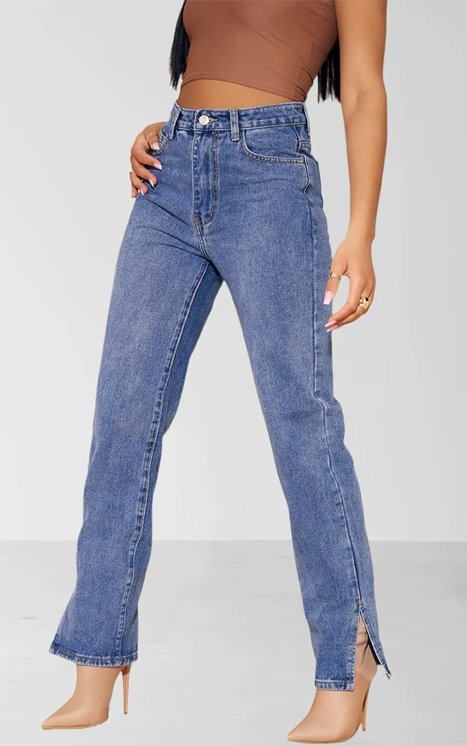 Women's Casual Straight Leg Jeans High Waist Stretchy Classic Denim Pants with Pocket