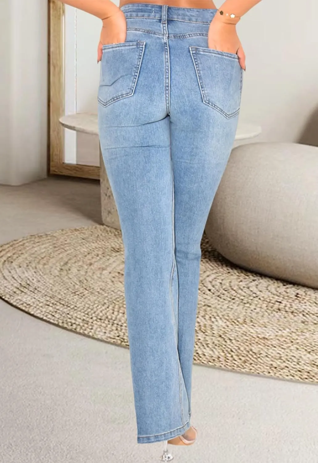 Women's Casual Straight Leg Jeans High Waist Stretchy Classic Denim Pants with Pocket