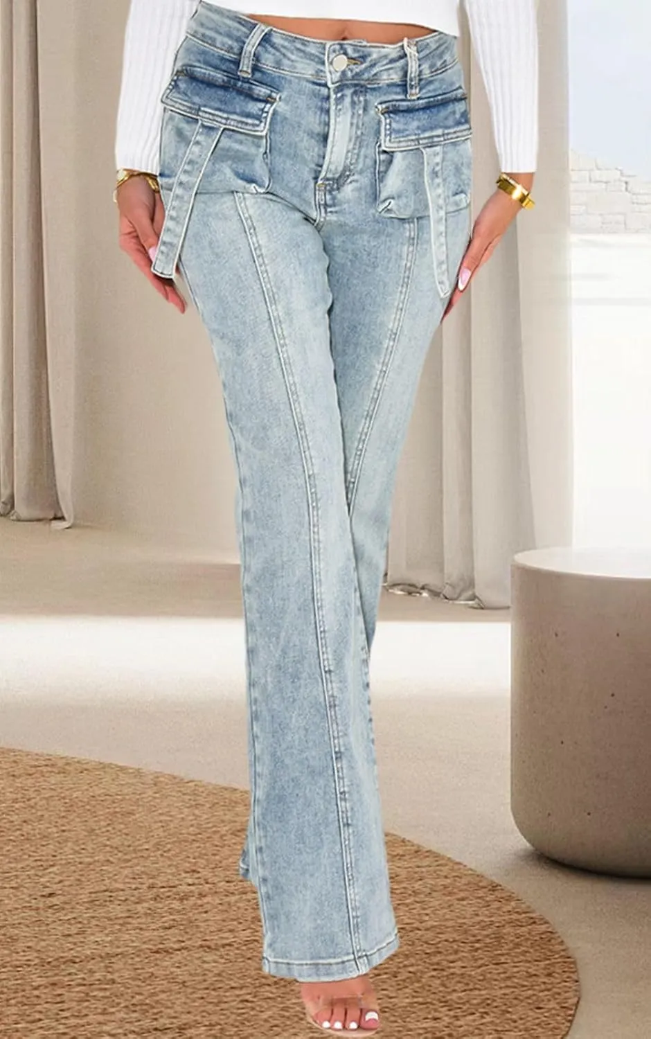 Women's Casual Straight Leg Jeans High Waist Stretchy Classic Denim Pants with Pocket