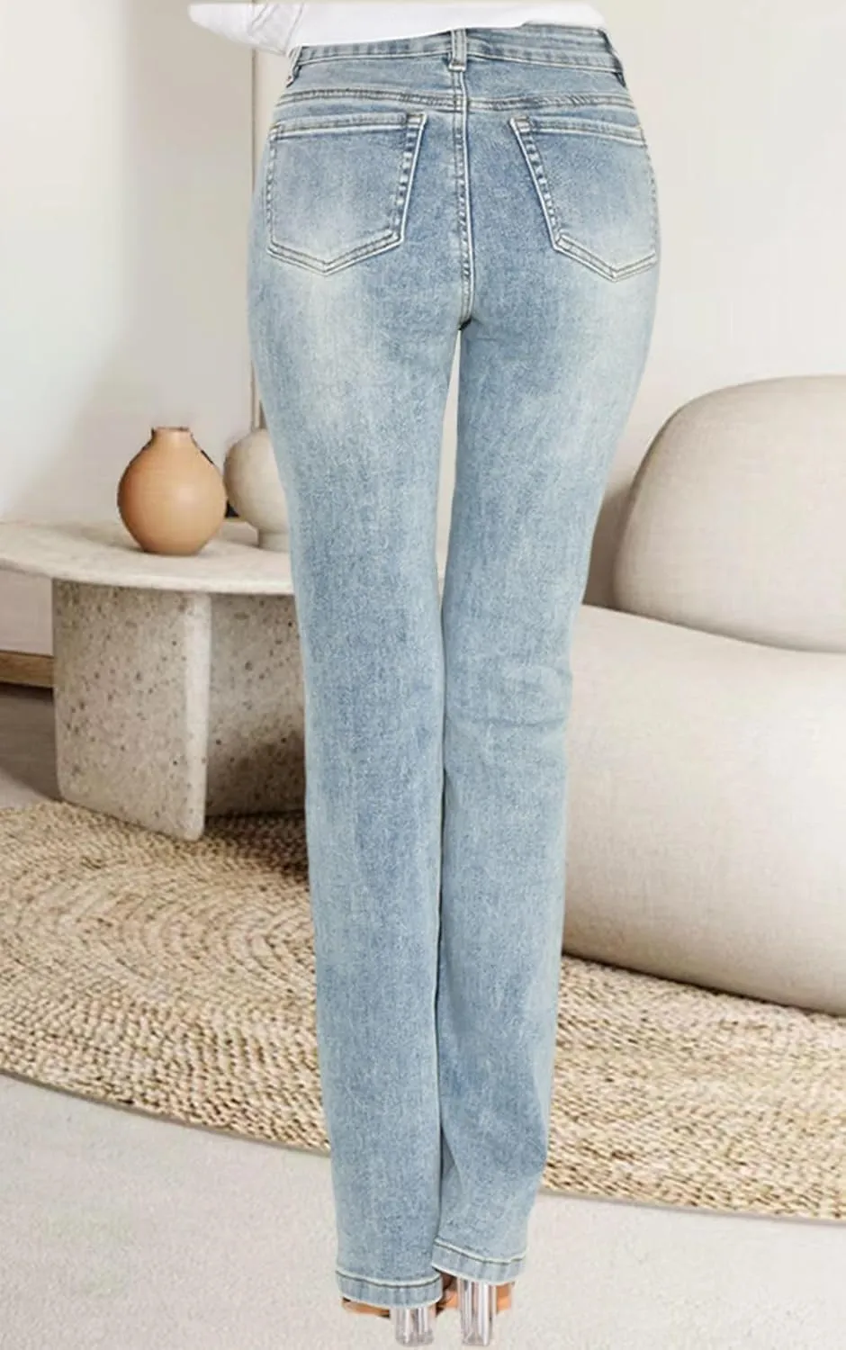 Women's Casual Straight Leg Jeans High Waist Stretchy Classic Denim Pants with Pocket