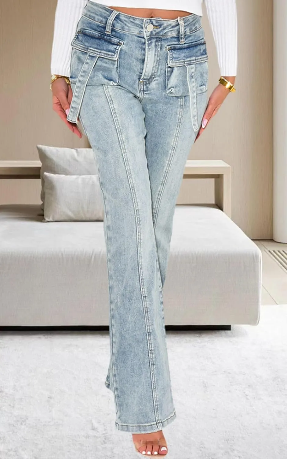 Women's Casual Straight Leg Jeans High Waist Stretchy Classic Denim Pants with Pocket