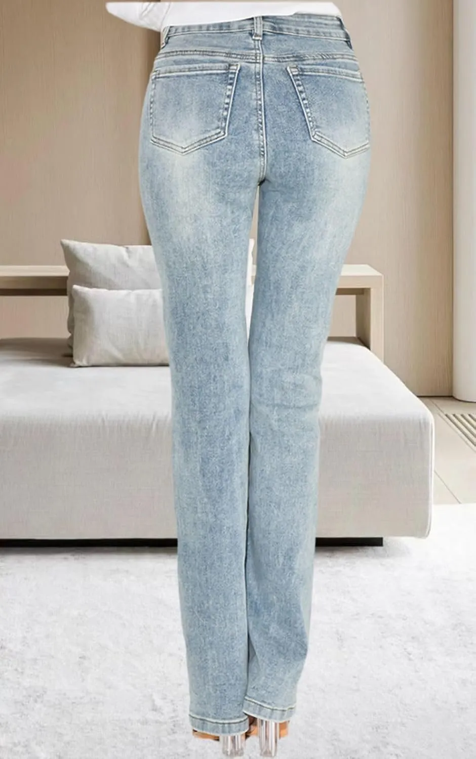 Women's Casual Straight Leg Jeans High Waist Stretchy Classic Denim Pants with Pocket
