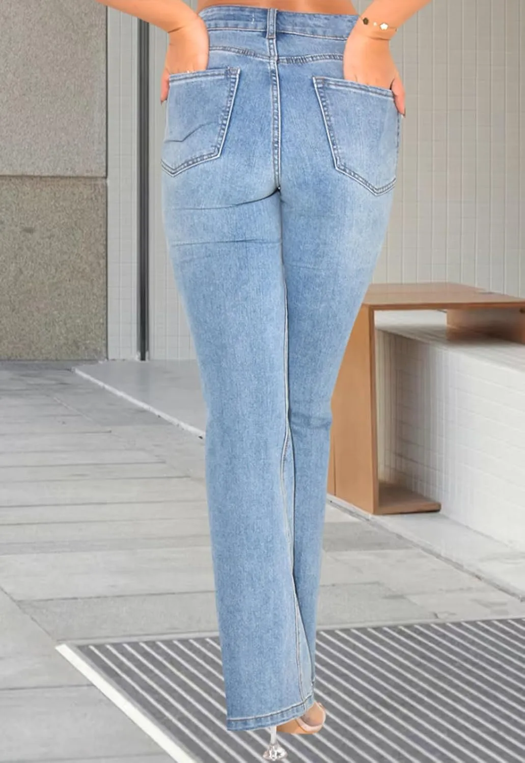 Women's Casual Straight Leg Jeans High Waist Stretchy Classic Denim Pants with Pocket