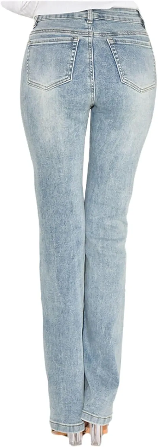 Women's Casual Straight Leg Jeans High Waist Stretchy Classic Denim Pants with Pocket