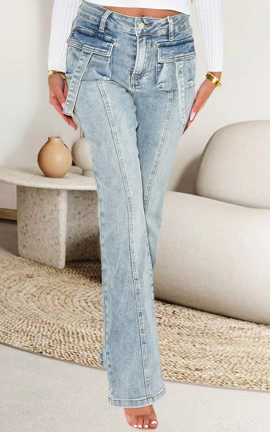 Women's Casual Straight Leg Jeans High Waist Stretchy Classic Denim Pants with Pocket
