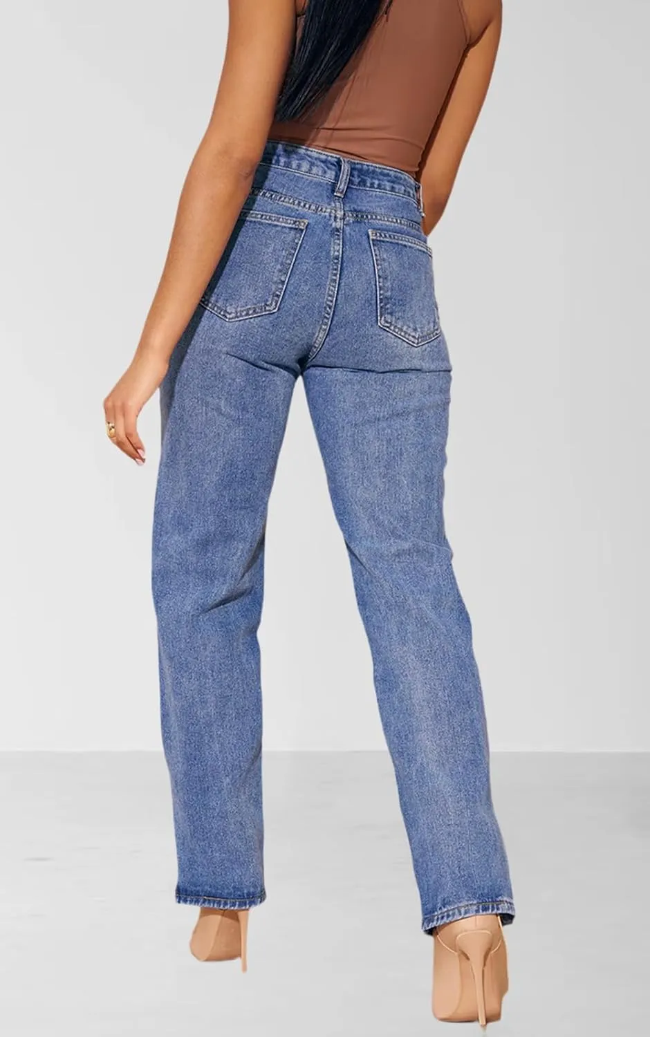 Women's Casual Straight Leg Jeans High Waist Stretchy Classic Denim Pants with Pocket