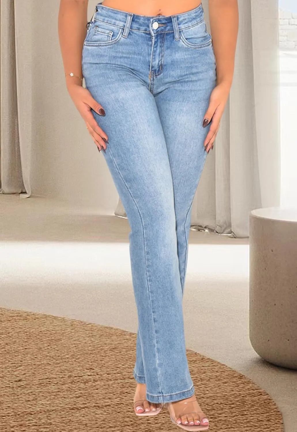 Women's Casual Straight Leg Jeans High Waist Stretchy Classic Denim Pants with Pocket