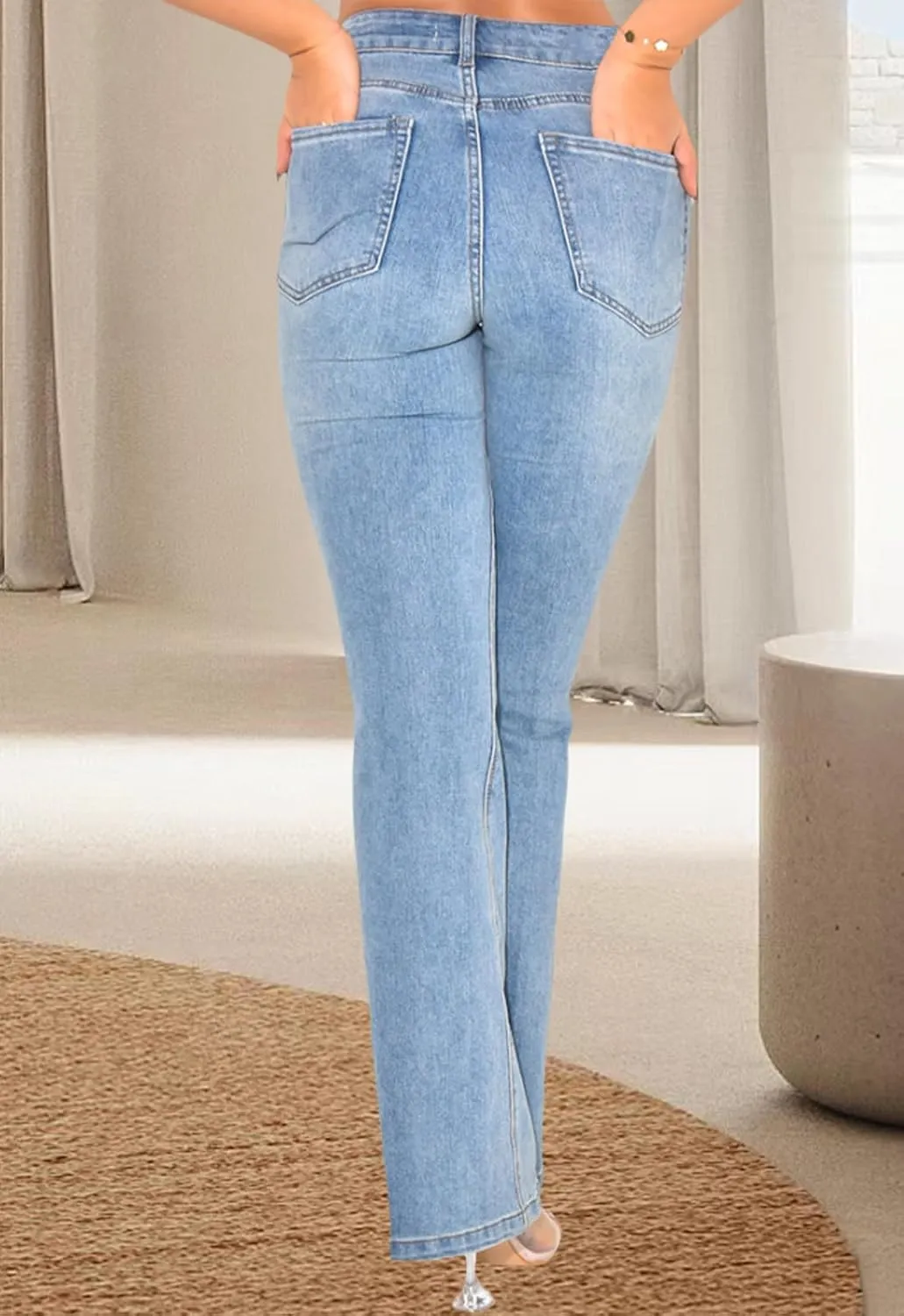 Women's Casual Straight Leg Jeans High Waist Stretchy Classic Denim Pants with Pocket