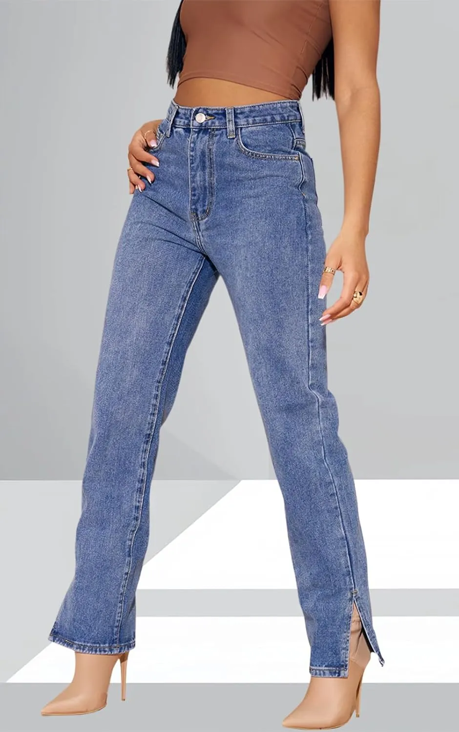 Women's Casual Straight Leg Jeans High Waist Stretchy Classic Denim Pants with Pocket