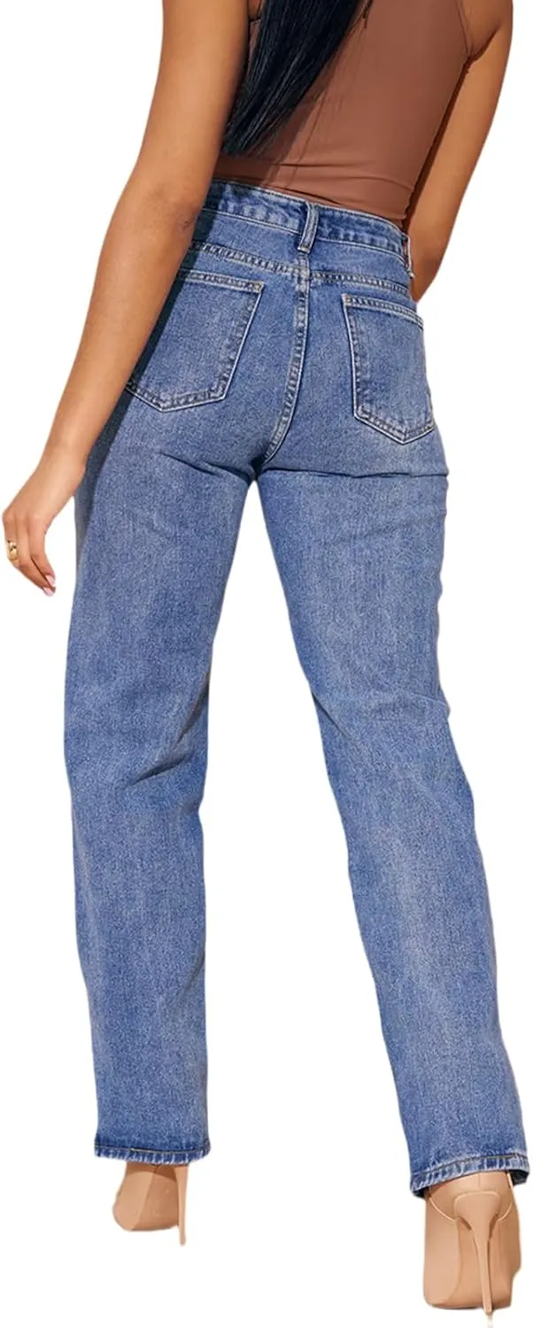 Women's Casual Straight Leg Jeans High Waist Stretchy Classic Denim Pants with Pocket