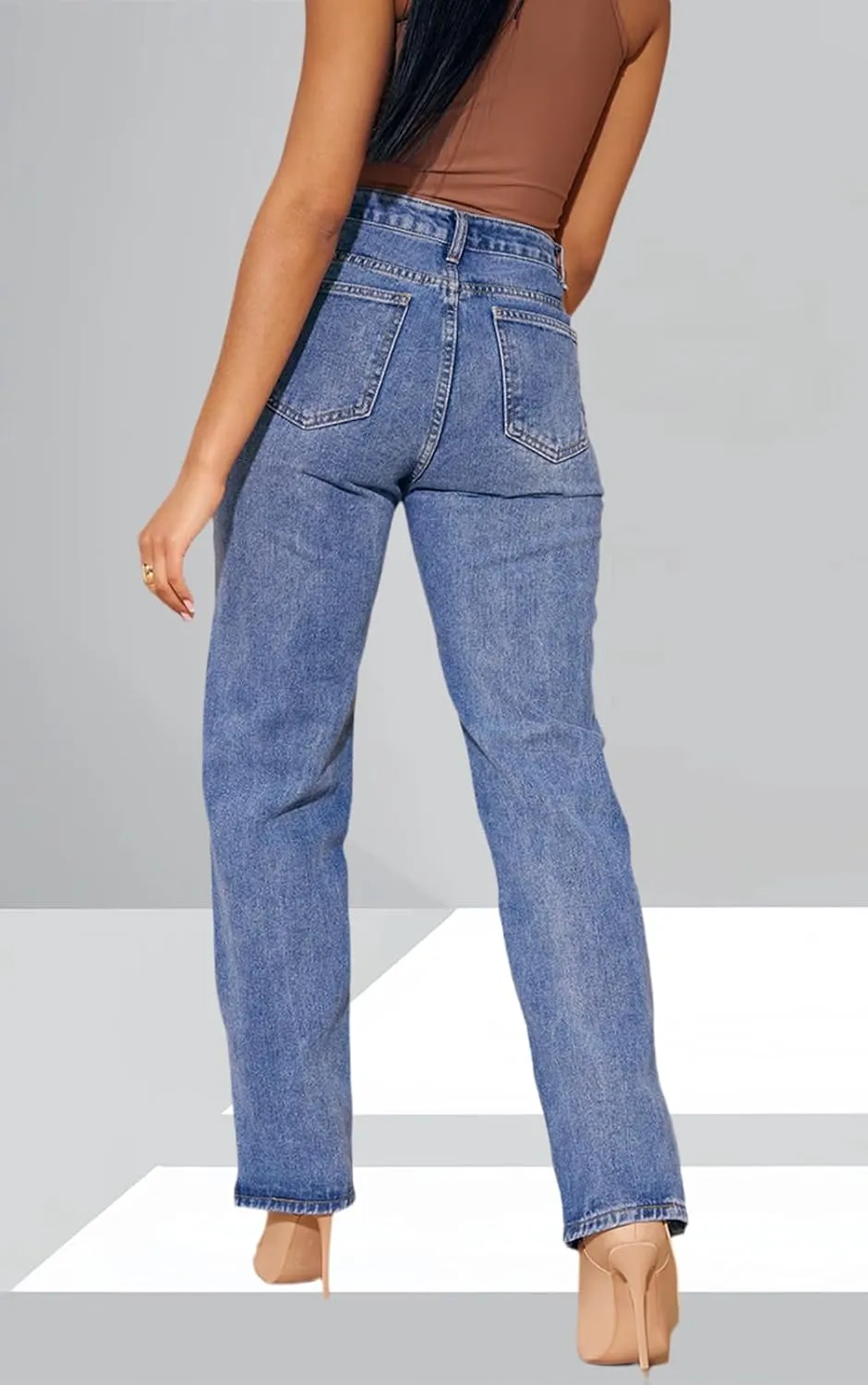 Women's Casual Straight Leg Jeans High Waist Stretchy Classic Denim Pants with Pocket