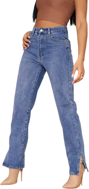 Women's Casual Straight Leg Jeans High Waist Stretchy Classic Denim Pants with Pocket