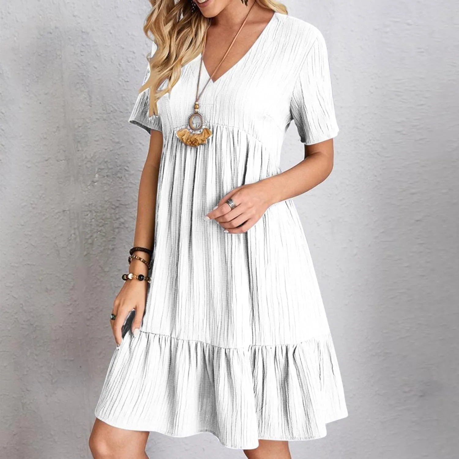 Womens Casual Summer Maxi Dress V Neck Short Sleeve Flowy Boho Beach Sundress Tiered Ruffle with Pockets