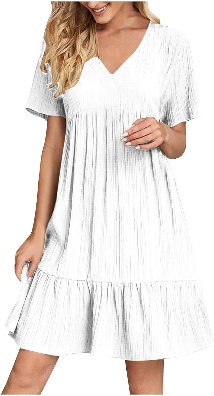 Womens Casual Summer Maxi Dress V Neck Short Sleeve Flowy Boho Beach Sundress Tiered Ruffle with Pockets