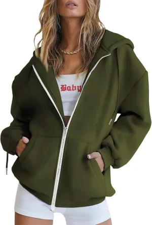 Womens Casual Sweatshirts Full Zipper Hoodies Loose Long Sleeve Drawsting Pullover with Pockets 2024 Fall Workout Tops