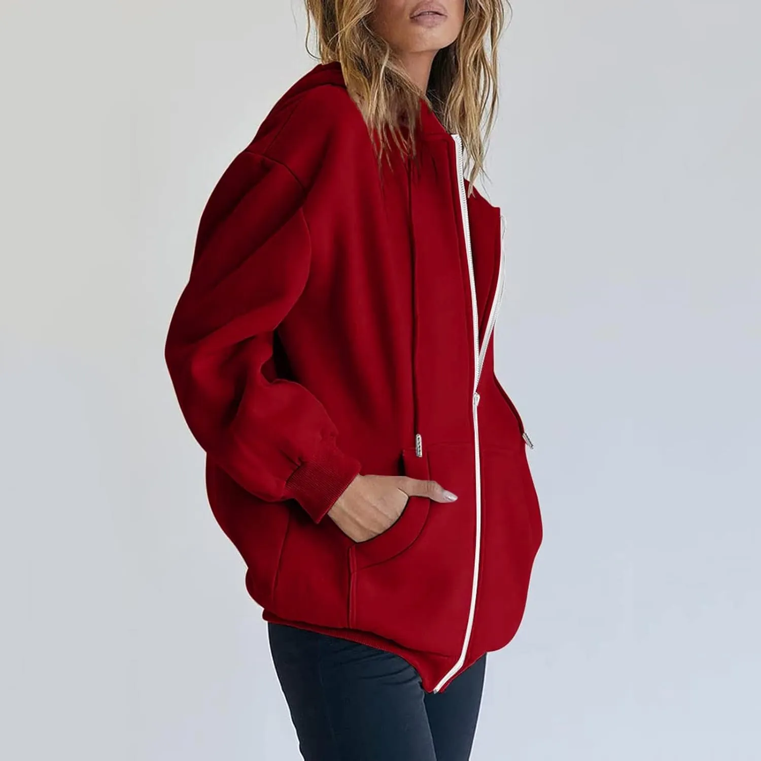Womens Casual Sweatshirts Full Zipper Hoodies Loose Long Sleeve Drawsting Pullover with Pockets 2024 Fall Workout Tops